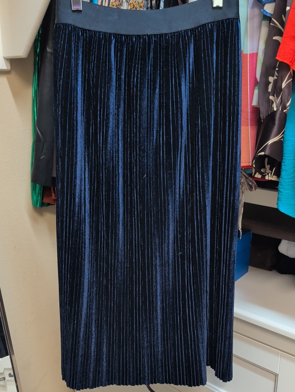 Oxford Navy Pleated Velvet Midi Skirt